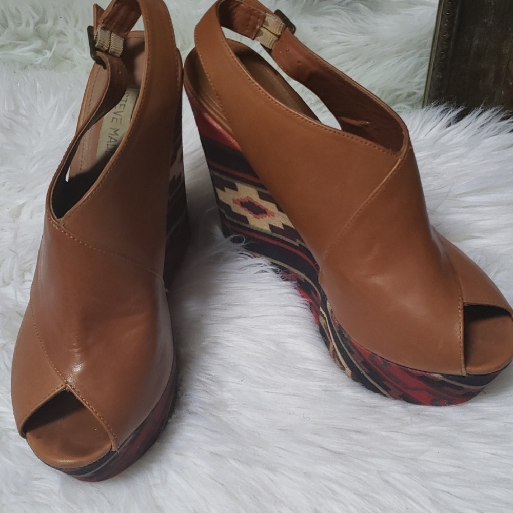 Leather Aztec Print Wedges Worn Once